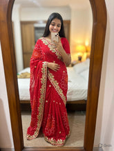 C*C RED BANDHEJ SAREE