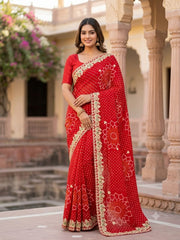 C*C RED BANDHEJ SAREE
